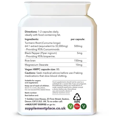 Curcumin and black pepper capsules, 95% curcuminoids, 500mg capsules. Rear Label