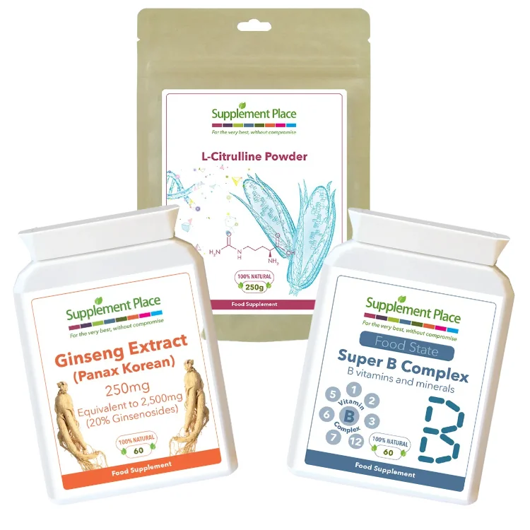 Energy Bundle. L-Citrulline Powder 180g, Panax Korean Ginseng x 30 capsules and Food-state Super B Complex x 60 tablets. Product Image