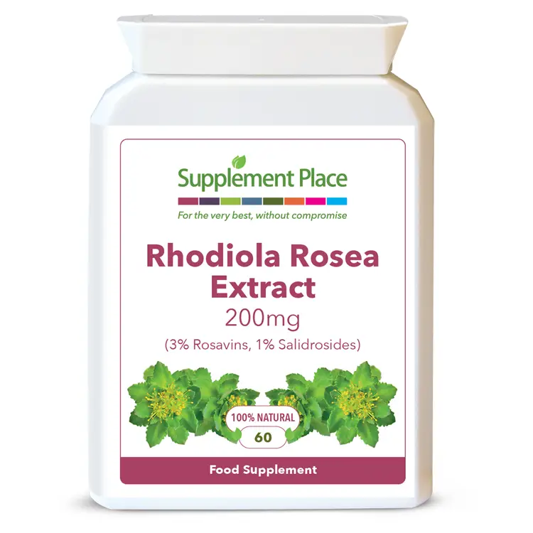 Rhodiola rosea extract (rhodiolife) 200mg capsules. 3% rosavings, 1% salidrosides. Sustainably sourced extract. Recyclable packaging, front image.