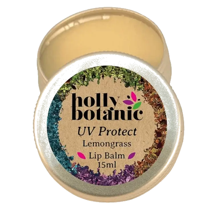 UV Lip Balm with sun protection in 15ml tin, lid open.