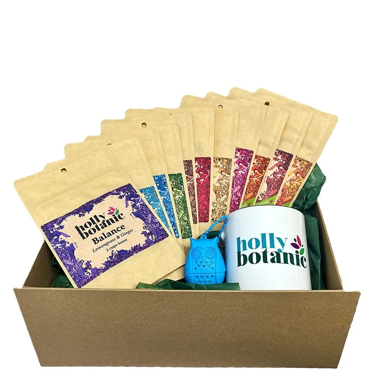 Time for tisanes gift set includes a 3 cup pouch of all 11 Holly Botanic tisanes, a mug and infuser presented in a cardboard, magnetic-close gift box