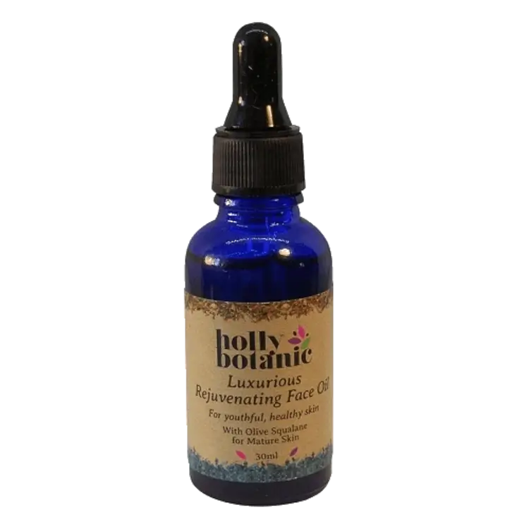 Holly Botanic rejuvenating face oil bottle only. 30ml blue, recyclable glass bottle with pipette.