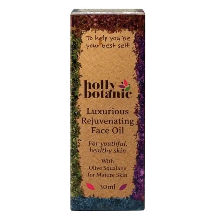 Holly Botanic rejuvenating face oil box only. Recyclable cardboard box.