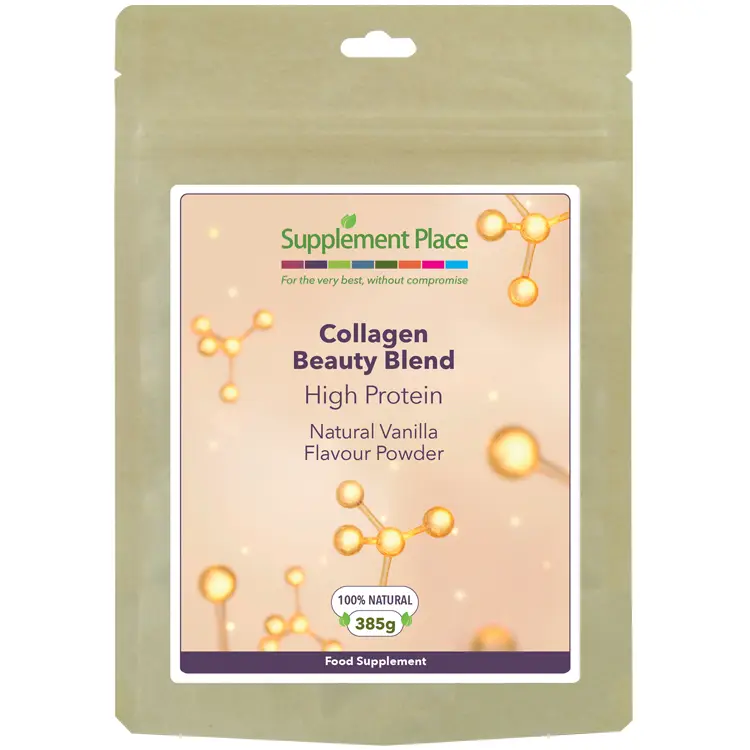 Collagen Beauty Blend Powder pouch front. Hydrolysed marine collagen peptides, hyaluronic acid and TetraSOD® with natural vanilla flavouring. 30 days supply.