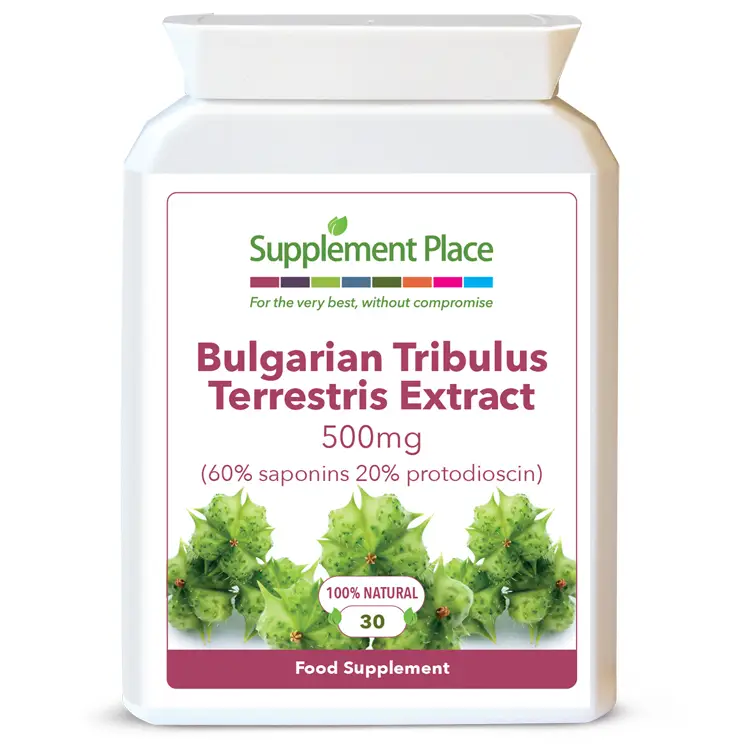 Bulgarian Tribulus Terrestris extract supplied in 500mg capsules providing 60% saponins and 20% protodioscin in a letterbox-friendly pot. Front label.
