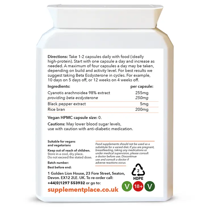 Beta Ecdysterone providing 250mg per capsule with black pepper extract for bioavailability in letter-box friendly pot. Rear label.