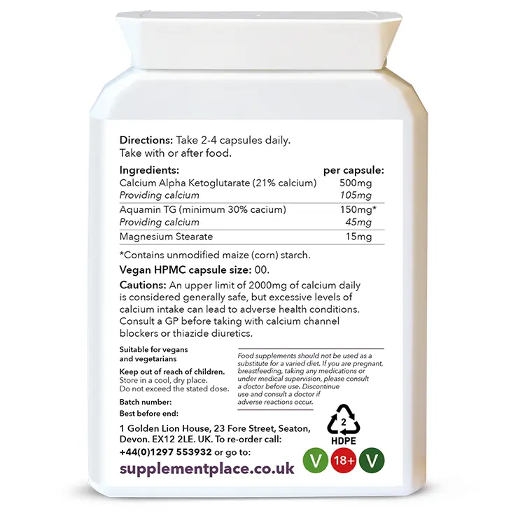 Calcium Alpha-Ketoglutarate 500mg Capsules providing 21% calcium in a letterbox-friendly pot. Rear label.