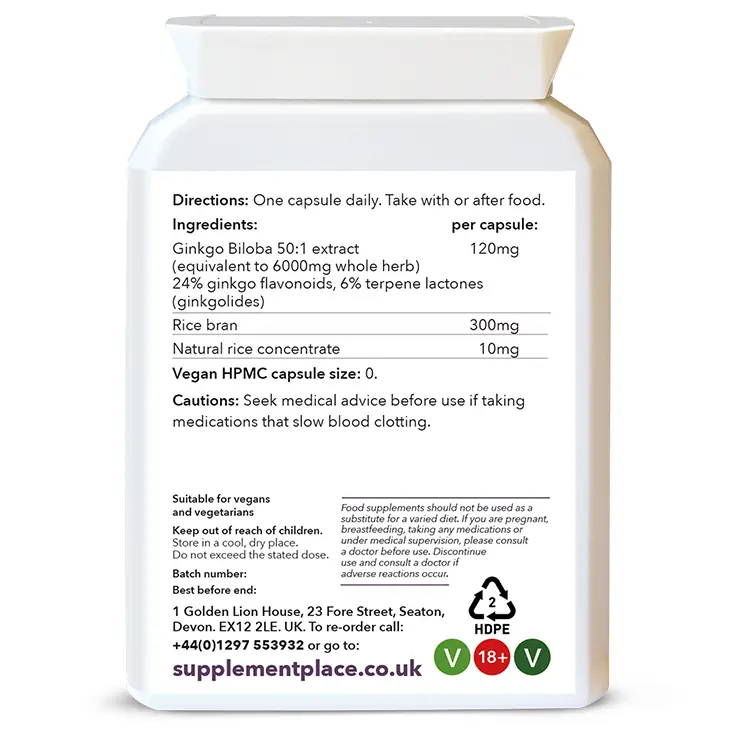 Ginkgo Biloba leaf 50:1 extract in 120mg capsules (equivalent to 6000mg). Rear label with detailed information.