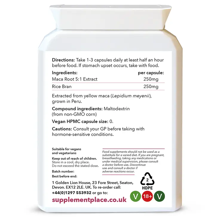 Peruvian Maca extract supplied in 250mg capsules equivalent to 1250mg in a letterbox-friendly pot. Rear label.