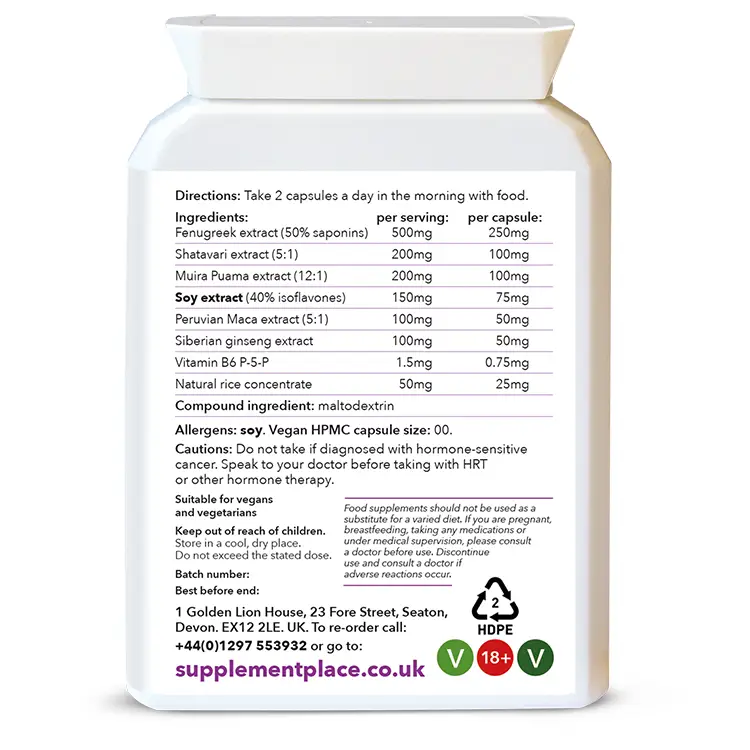 Menopause support day capsules containing 7 natural ingredients in a letterbox-friendly box. Rear label.