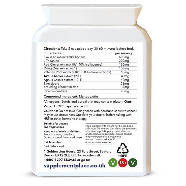 Menopause support night capsules containing 8 natural ingredients in a letterbox-friendly pot. Rear label.