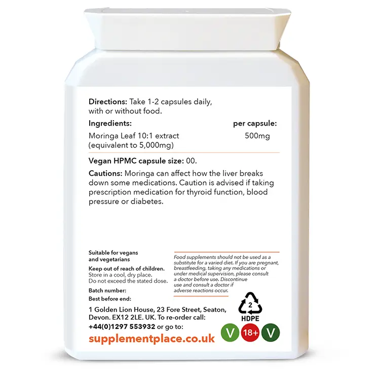 Moringa leaf extract supplied in 500mg capsules equivalent to 5000mg in a letterbox-friendly pot. Rear label.