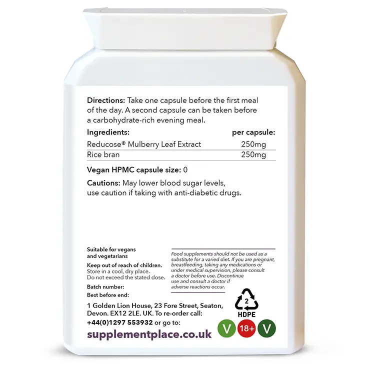 Reducose mulbery leaf extract supplied in 250mg capsules for blood sugar maintenance in a letterbox-friendly pot. Rear label.