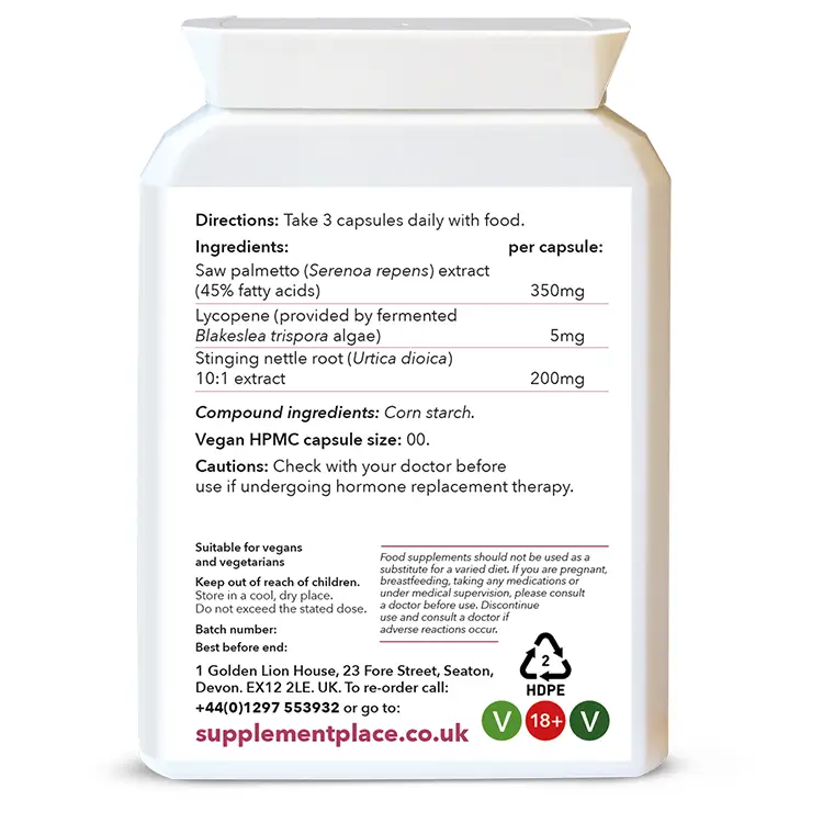 Saw Palmetto Plus provided in 600mg capsules containing Saw Palmetto, Lyconene and Nettle Extract. Rear label.