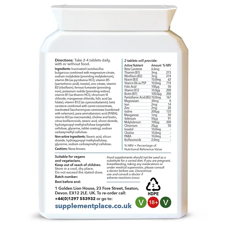 Super B Complex tablets providing B1, B2, B3, B5, B6, B7, B12 and 12 othe minerals supplied in a letterbox-friendly pot. Food-state. Rear label.