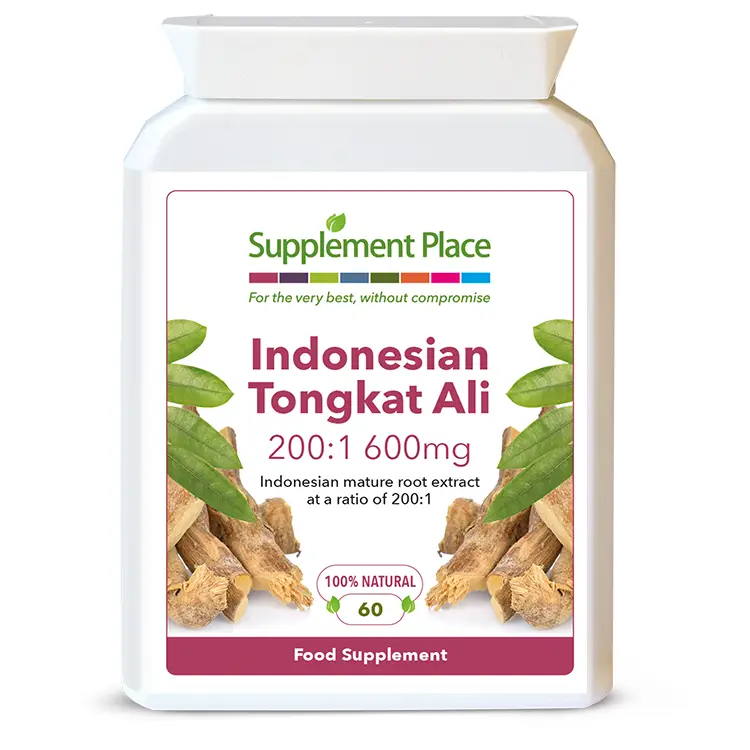 Indonesian Tongkat Ali extract supplement in 600mg capsules of a 200:1 extract in a letterbox-friendly pot. Front label.