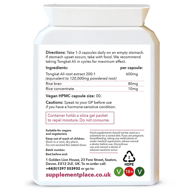 Indonesian Tongkat Ali supplied in 600mg capsules of a 200:1 extract in a letterbox-friendly pot. Rear Label