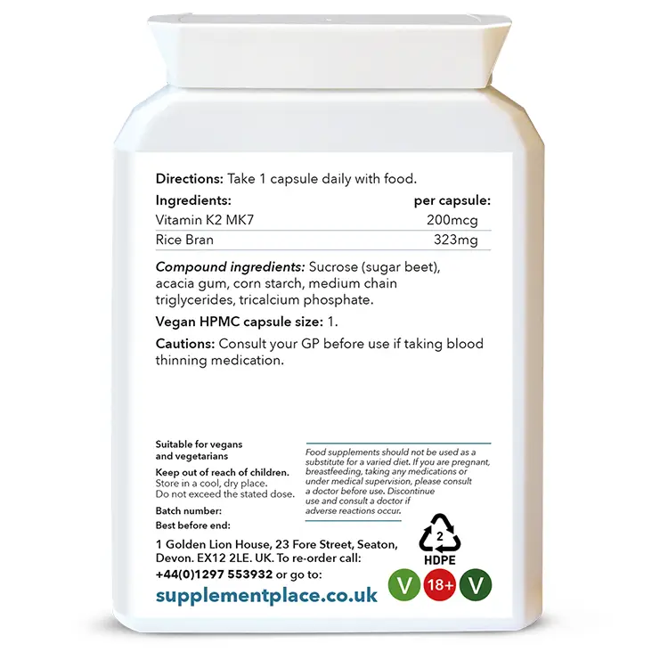 Vitamin K2 supplied in 100mg capsules using MK7 Menaquinone providing 200mcg of K2. Front label.