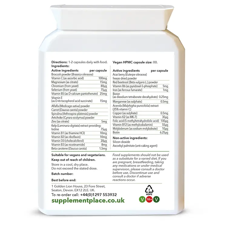 Wholefood multivitamins and minerals capsules providing 23 vitamins and minerals sourced from fruits and vegetables. Nothing synthetic! Rear label.