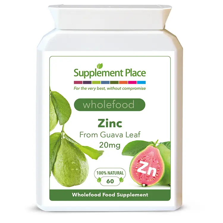 Zinc (Wholefood from Guava Leaf) capsules providing 20mg of elemental zinc. Front label.
