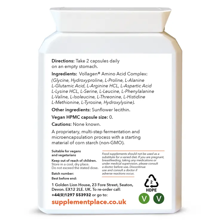 Pre-Collagen made with Vollagen Amino Acid complex. Vegan Collagen Alternative. Pot image - rear. Recyclable pot.