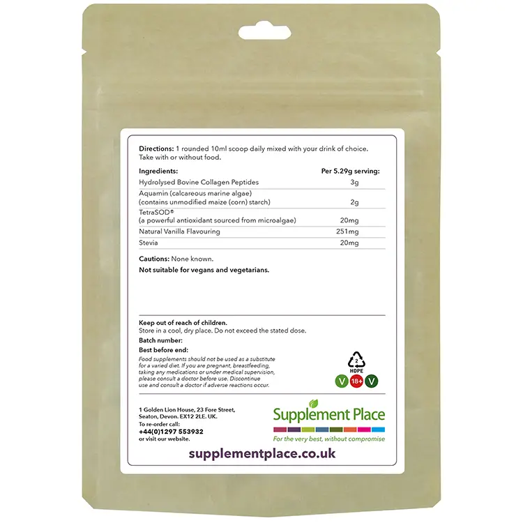 Collagen Joints Blend pouch rear. Hydrolysed bovine collagen peptides, Aquamin and TetraSOD®. Natural vanilla flavour. 30 days supply.