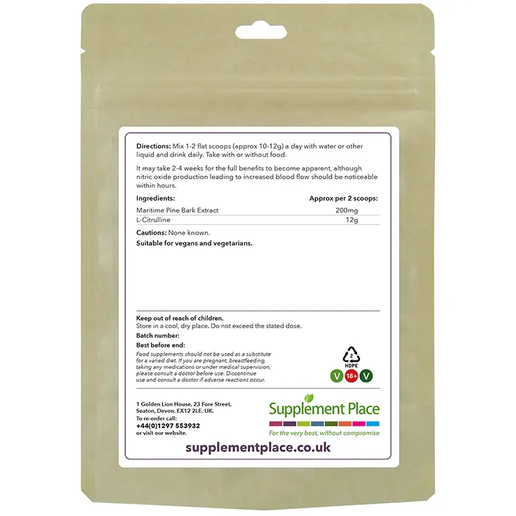 Combo: L-Citrulline and Maritime Pine Bark powder pouch rear. 95% OPCs. Recyclable pouch.