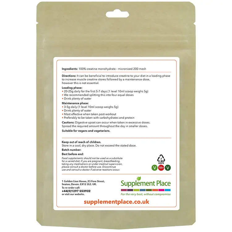 Creatine Monohydrate Powder pouch front. Micronised 200 mesh. Recyclable.