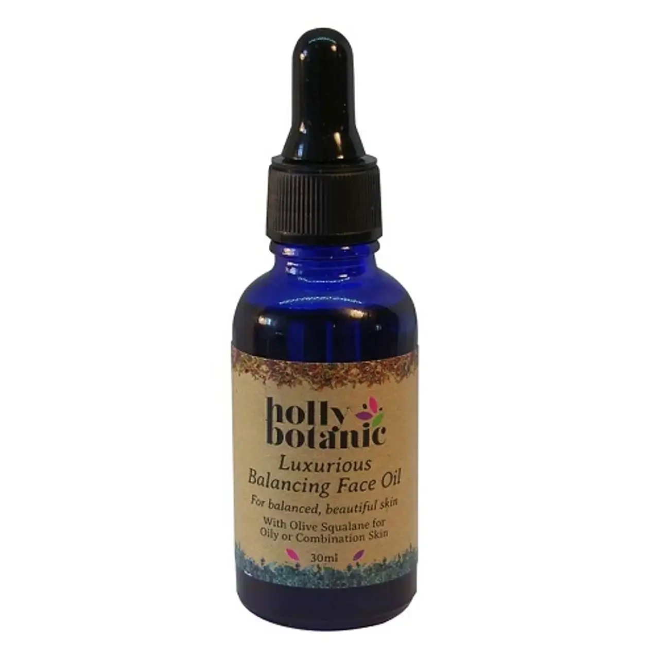 Holly Botanic balancing face oil bottle. 30ml glass bottle with pipett.