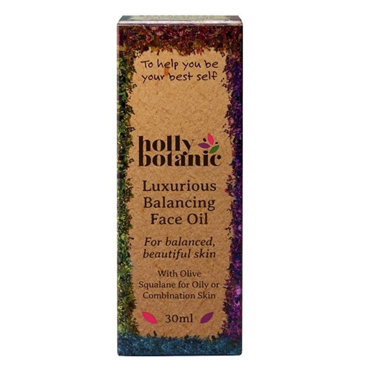 Holly Botanic balancing face oil box. 30ml glass bottle in box.