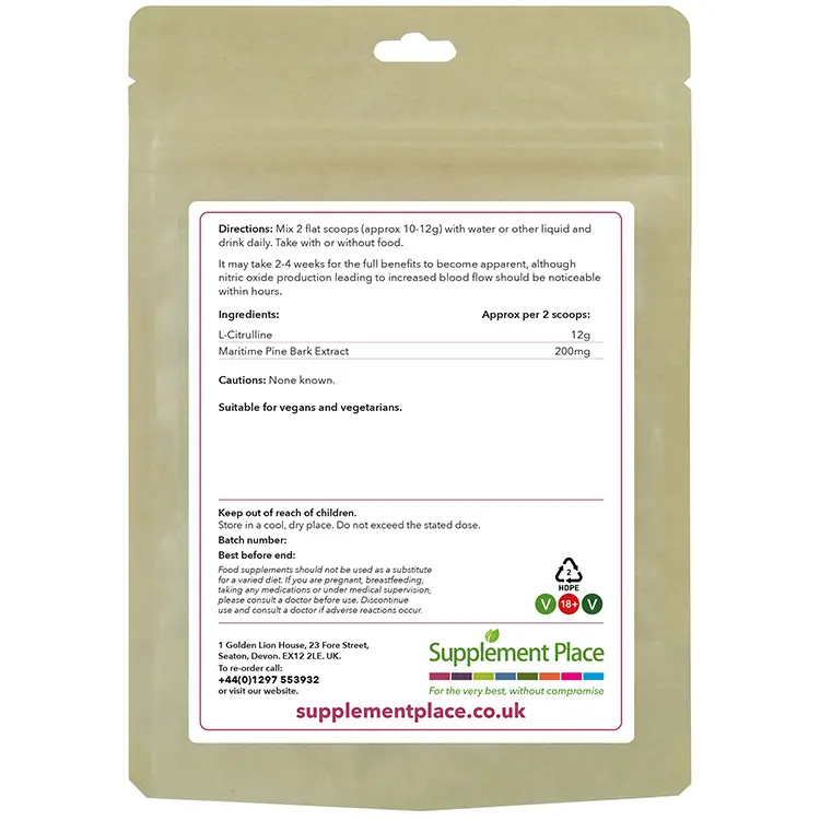 GT6 Powder: L-Citrulline & Maritime Pine Bark Pouch Rear. Recyclable pouch.