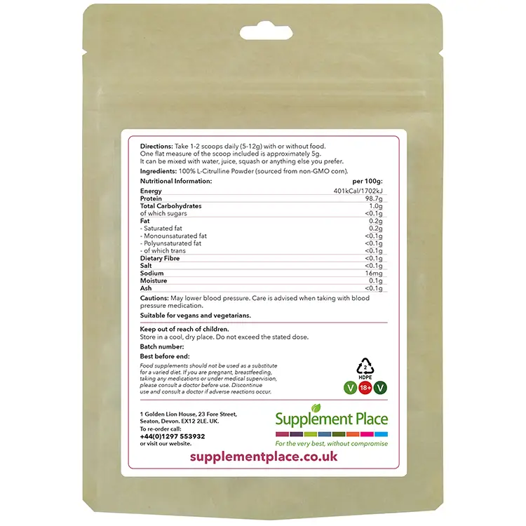 L-Citrulline Powder Pouch Rear. Pure L-Citrulline in a recyclable pouch.