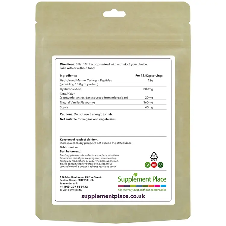 Collagen Beauty Blend Powder pouch rear. Hydrolysed marine collagen peptides, hyaluronic acid and TetraSOD® with natural vanilla flavouring. 30 days supply.