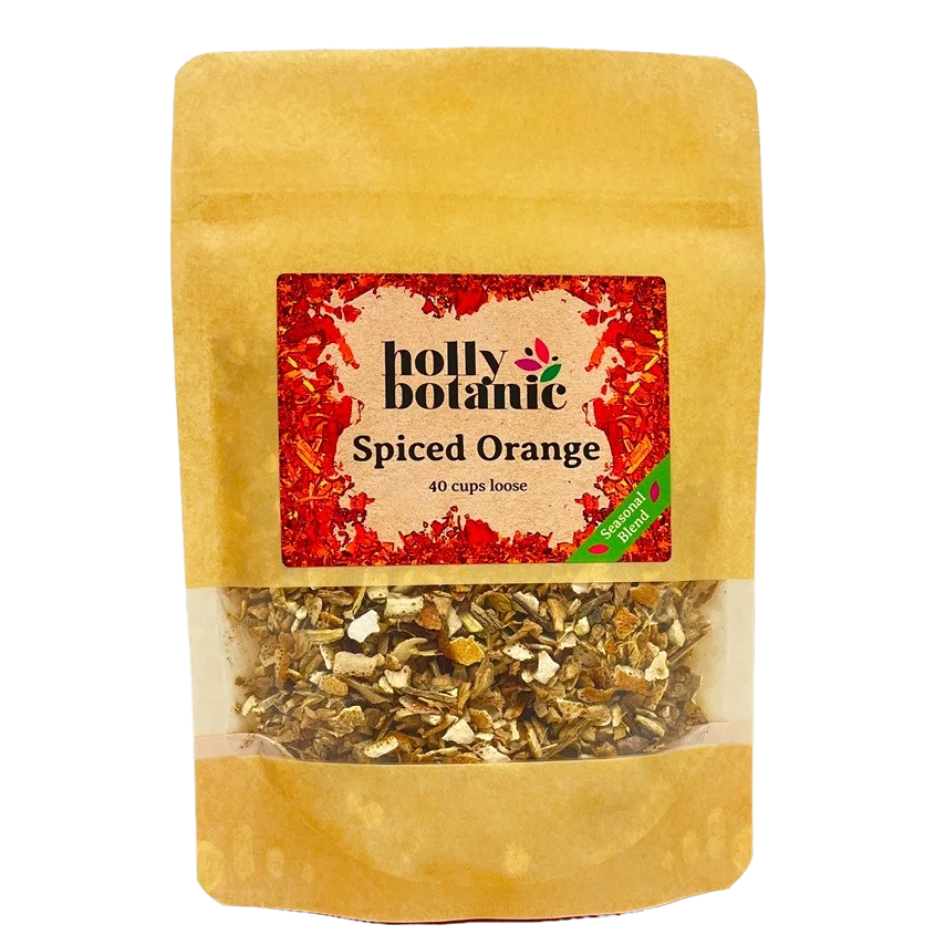 Spiced Orange tisane by Holly Botanic, a seasonal addition tisane, 40 cup loose. Recyclable packaging.