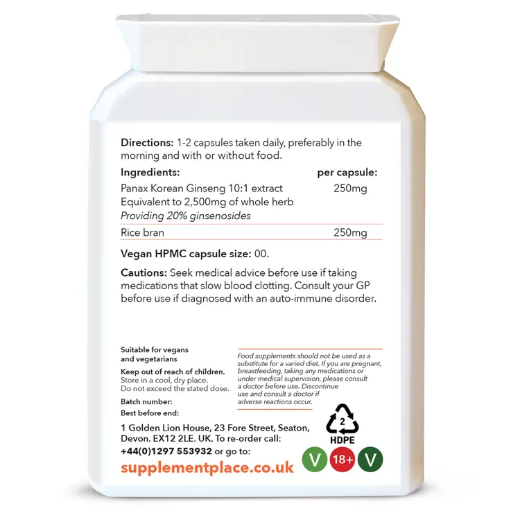 Panax Korean Ginseng supplied in 500mg capsules providing 80% Ginsenosides in a letterbox-friendly pot. Rear label.