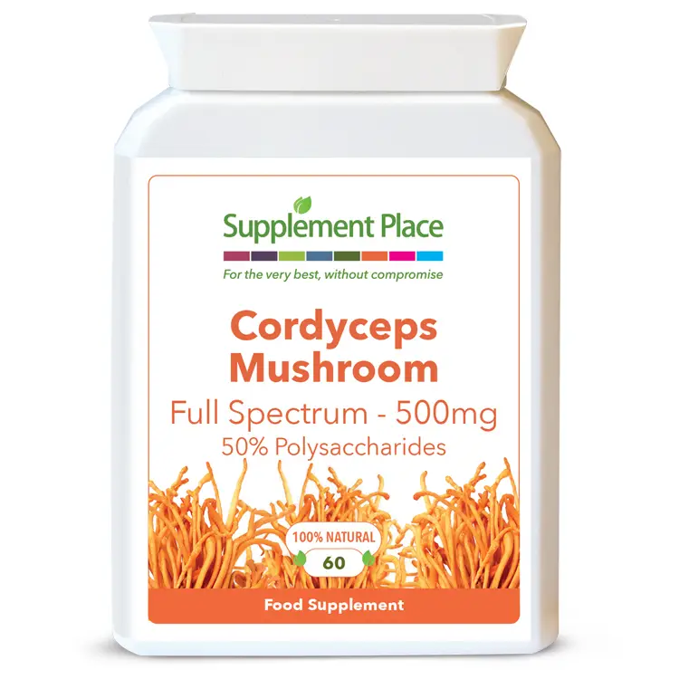 Cordyceps mushroom, full spectrum, organic 500mg capsules, 50% polysaccharides. Available 60, 120 or 240 capsules in a recyclable pot.