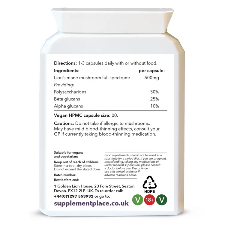 Lion's Mane mushroom full spectrum, 500mg, 50% polysaccharides, available in 60, 120 and 240 capsules in recyclable packaging.
