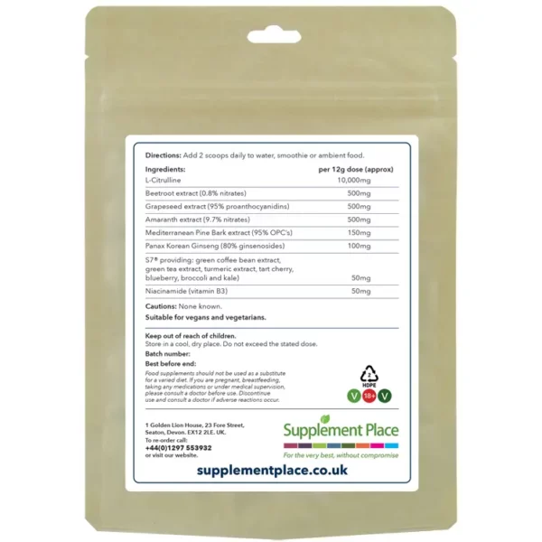 GT6 Plus Powder Label Rear. L-Citrulline, Grapeseed extract, Amaranthus Extract, Panax Korean Ginseng, Beetroot Extract, Maritime Pine Bark, S7™, Vitamin B3