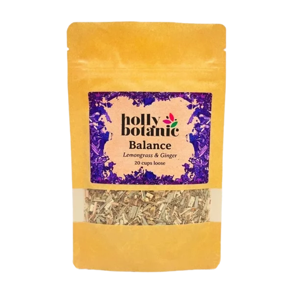 Balance tisane for stress and fatigue by Holly Botanic, lemongrass and ginger, 20 cups loose. Recyclable packaging.