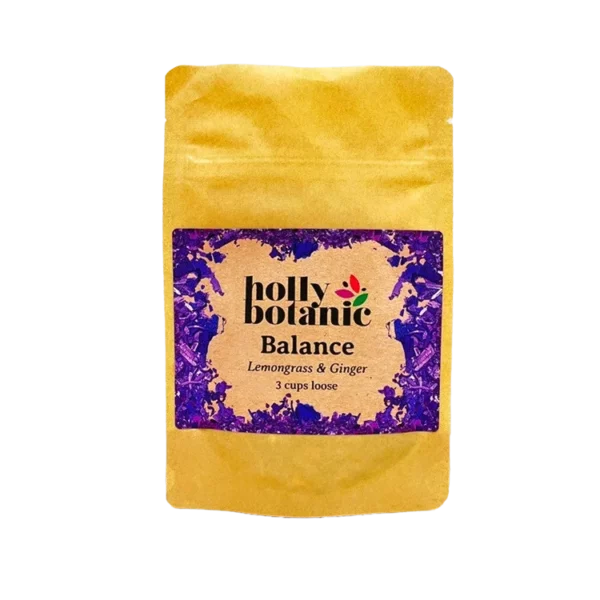 Balance tisane by Holly Botanic, lemongrass and ginger for stress and fatigue, 3 cup loose. Recyclable packaging.