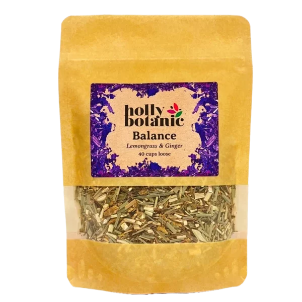Balance tisane by Holly Botanic, lemongrass and ginger for stress and fatigue, 40 cup loose. Recyclable packaging.