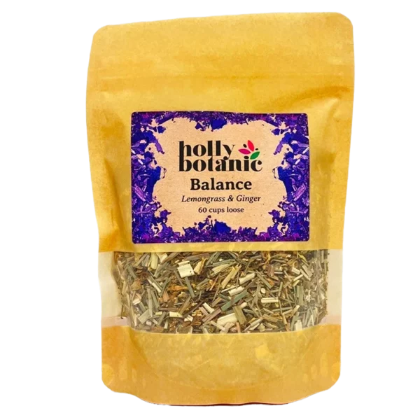 Balance tisane by Holly Botanic, lemongrass and ginger for stress and fatigue, 60 cup loose. Recyclable packaging.