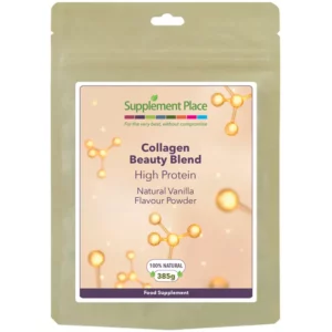 Collagen Beauty Blend Powder pouch front. Hydrolysed marine collagen peptides, hyaluronic acid and TetraSOD® with natural vanilla flavouring. 30 days supply.