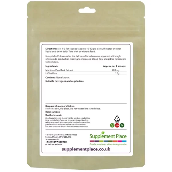 Combo: L-Citrulline and Maritime Pine Bark powder pouch rear. 95% OPCs. Recyclable pouch.