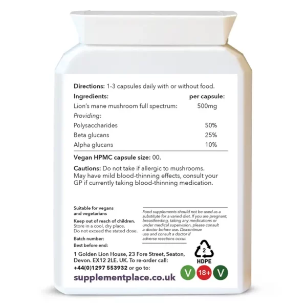 Lion's Mane mushroom full spectrum, 500mg, 50% polysaccharides, available in 60, 120 and 240 capsules in recyclable packaging.