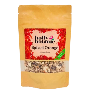 Spiced Orange tisane by Holly Botanic, a seasonal addition tisane, 20 cup loose. Recyclable packaging.