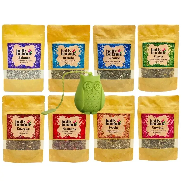 Tisane Bundle. 20 cup pouch of 8 Holly Botanic tisanes with a free infuser. Balance, Breathe. Cleanse, Digest, Energise, Harmony, Soothe and Unwind herbal tisanes. Recyclable packaging.