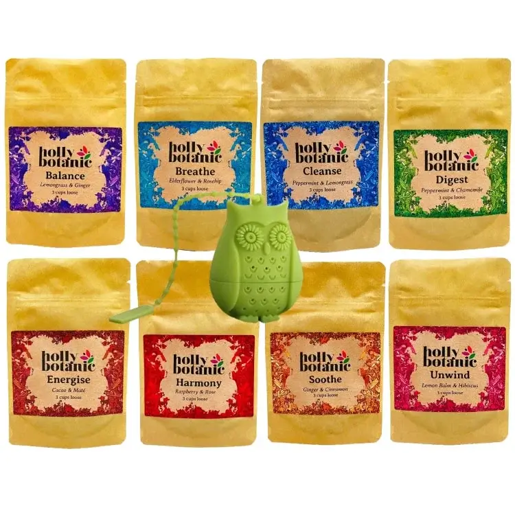 Tisane Taster Bundle. 3 cup sample pouches of 8 Holly Botanic herbal tisanes. Breathe, Balance, Cleanse, Digest, Energise, Harmony, Soothe and Unwind tisanes.