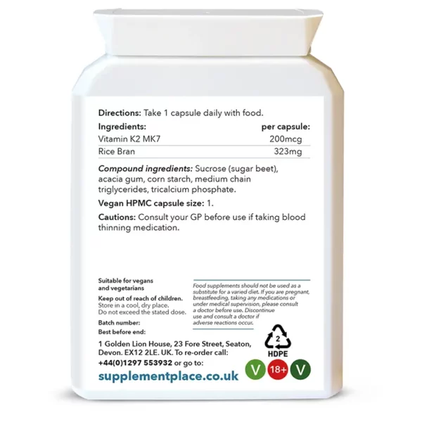 Vitamin K2 supplied in 100mg capsules using MK7 Menaquinone providing 200mcg of K2. Front label.