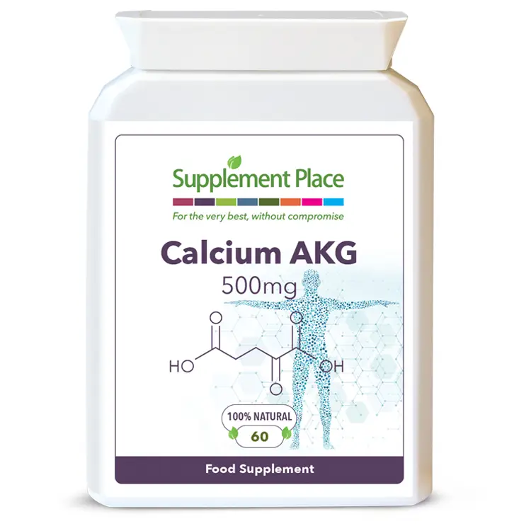 Calcium Alpha-Ketoglutarate 500mg Capsules providing 21% calcium in a letterbox-friendly pot. Front label.